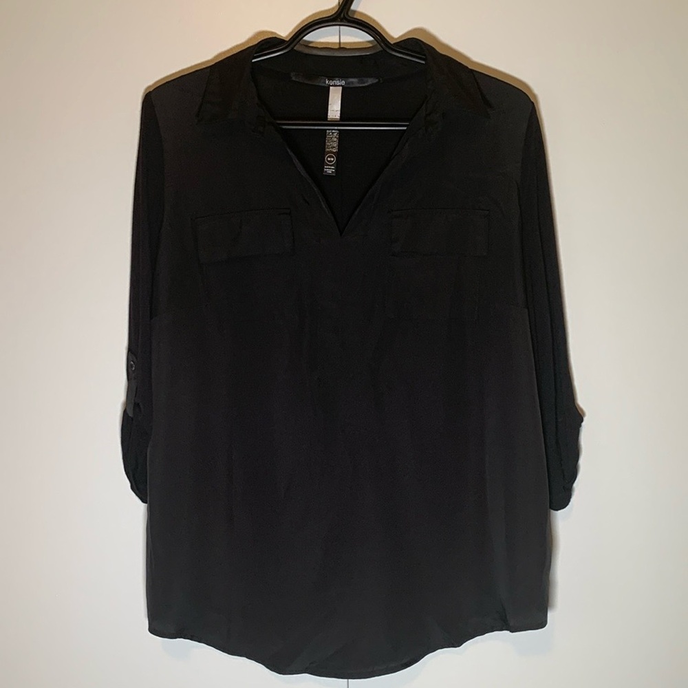 Kensie Black Collared 3/4 Buttoned Sleeve Top Size Medium